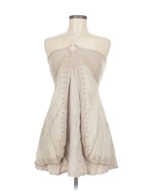 vtg 90s pale nude cream halter neck top mini dress embroidered